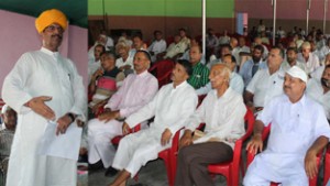 Dogra Sadar Sabha president, G S Charak addressing meeting of DSS unit at Khour in district Jammu on Saturday.