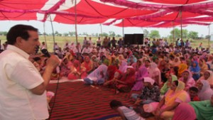 Former Minister and senior Congress leader R S Chib addressing public gathering on Thursday.