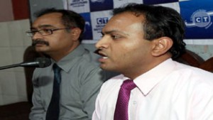 Head of Admissions and Director Education of CT Group of Institutions addressing a press conference at Jammu on Thursday.  -Excelsior/ Rakesh