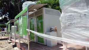 Work of installing bio-toilets in progress outside Jammu Tawi Railway Station. (UNI)