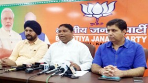 BJP leaders at a press conference at Jammu on Friday. -Excelsior/Rakesh