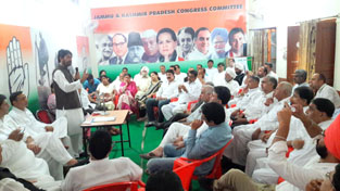 PCC president G A Mir addressing party executive meet in Jammu on Saturday.