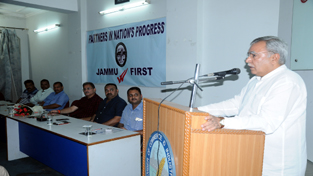 Newly appointed Administrator of  Lakshadweep Islands,  Farooq Khan addressing gathering during a function at Chamber House in Jammu on  Saturday. 