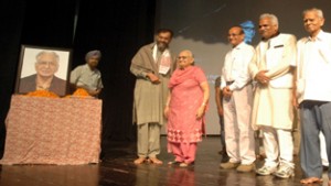 Yogendra Yadav and others at Balraj Puri Memorial lecture programme at Jammu on Saturday.