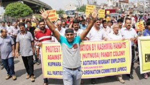 Protest by APMCC in support of employees at Jammu on Sunday.