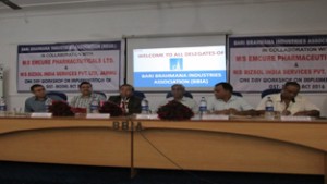 Commissioner Customs & Central Excise Kashori Lal, BBIA president Lalit Mahajan and others at a workshop on GST Act in Jammu on Wednesday.