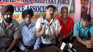 Office bearers of Ex-Central Paramilitary Forces Association during a press conference at Jammu on Tuesday.