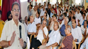 Speaker Legislative Assembly, Kavinder Gupta addressing a public meeting at Channi on Sunday.