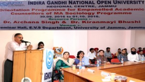 Divisional Commissioner Jammu, Pawan Kotwal addressing an Orientation Programme of IGNOU at Universityof Jammu on Friday.