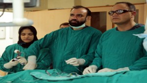 Dr Raj Dave and Dr Sushil Sharma performing coronary interventions in Cardiology Department of GMC Jammu on Friday.