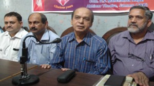 General secretary of NZIEA, A K Bhatnagar addressing press conference in Jammu on Friday. —Excelsior/ Rakesh 