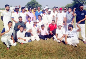 Winning team posing for group photograph.