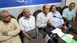 Prominent writers and Dogri Sanstha members addressing a press conference at Jammu on Saturday. -Excelsior/Rakesh