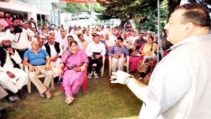 NC Provincial President Devender Singh Rana addressing Public Grievances Redressal Camp on Saturday.