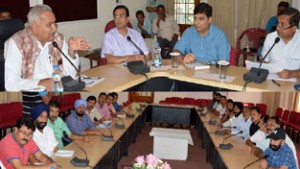 PHE Minister Sham Lal Choudhary chairing a meeting on Saturday.