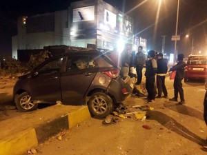 A car damaged by rashly driven bus near Wave Mall, Jammu.  —Excelsior/Rakesh