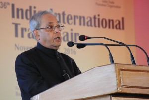 President Pranab Mukherjee addressing the inaugural session of the 36th India International Trade Fair at Pragati Maidan in New Delhi on Monday. (UNI)