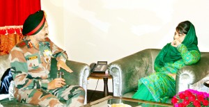 Chief Minister Mehbooba Mufti and Western Command chief Lt Gen Surinder Singh during a meeting in Jammu on Thursday.