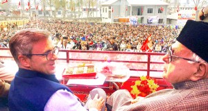 NC leaders Farooq Abdullah and Omar Abdullah at a public meeting in Kishtwar on Thursday.