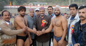 Wrestlers being honoured by the dignitaries on Tuesday.
