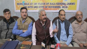 Representatives of various KP Shrine Committees at a press conference at Jammu on Thursday. —Excelsior/Rakesh