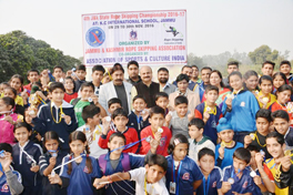 Young Sportspersons posing alongwith chief guest Yudhvir Sethi at KC International School in Jammu.