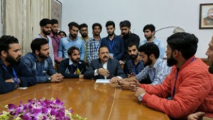 A delegation of Kashmir students holding a meeting with Union Minister Dr Jitendra Singh over the issue of Prime Minister's Special Scholarship Scheme (PMSSS) at New Delhi on Thursday.