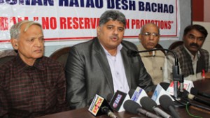 JAC (Gen Category) member Narayan Singh Jamwal addressing press conference in Jammu on Tuesday. —Excelsior/Rakesh