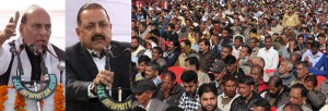 Union Home Minister, Rajnath Singh along with MoS in PMO , Dr Jitendra Singh addressing Shaheedi Diwas function at Kathua on Sunday.  -Excelsior/Rakesh
