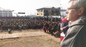 NC leader Omar Abdullah addressing party workers in Kupwara on Saturday.