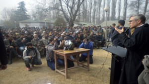 NC Working President Omar Abdullah addressing party convention at Anantnag on Thursday.— Excelsior/Sajad Dar