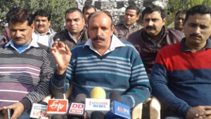 Leaders of ReT Forum talking to media persons at Vijaypur on Sunday. 