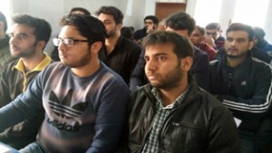 Students listening to the faculty during free workshop at SR College of Competitions, Jammu on Sunday.
