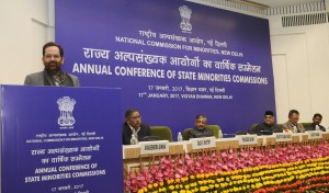 The Minister of State for Minority Affairs (Independent Charge) and Parliamentary Affairs, Shri Mukhtar Abbas Naqvi addressing at the inauguration of the Annual Conference of State Minorities Commission, organised by the National Commission for Minorities, in New Delhi on January 17, 2017.