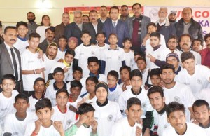 Budding sportspersons posing alongwith Minister for Food, Civil Supplies and Consumer Affairs, Ch Zulfkar Ali in Samba on Wednesday. 