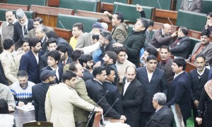 Opposition MLAs protesting in the Assembly on Tuesday. — Excelsior/Rakesh