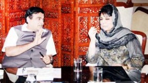 Union Surface Transport Minister Nitin Gadkari in a meeting with Chief Minister Mehbooba Mufti in New Delhi on Friday.