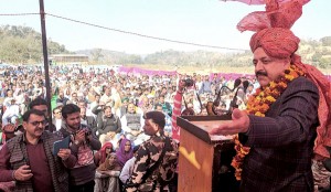Union Minister in PMO, Dr Jitendra Singh addressing a  public gathering at Dhol Khud, Kathua on Saturday. 