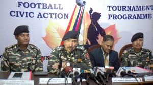 R K Bhumla, DIG (Ops) SSB Srinagar and DIG SSB Jammu, NS Negi alongwith other dignitaries addressing media persons in Jammu on Friday. —Excelsior/Rakesh