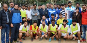 Handball players posing alongwith Secretary J&K State Sports Council, Waheed-ur-Rehman Parra and other dignitaries in Jammu on Friday. 