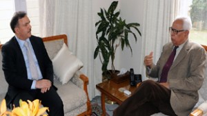 Governor N N Vohra and Parvez Ahmad, Chairman J&K Bank during meeting at Jammu on Friday.