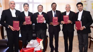 Chief Justice N Paul Vasanthakumar and other Judges releasing first edition of Jammu Kashmir Law Times. 