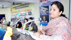 Minister of State for Education Priya Sethi speaking at a Career Development and Entrepreneurship Conclave at Jammu on Saturday.