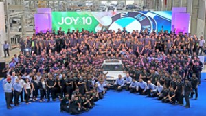 Employees celebrating 10 years of production at BMW Plant, Chennai on Wednesday.