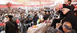 NC president Dr Farooq Abdullah addressing an election rally at Ganderbal on Thursday.