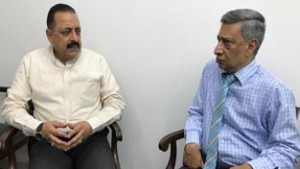 Union Minister Dr Jitendra Singh with J&K Director General of  Police, SP Vaid, who met him to discuss the current Kashmir situation, at New Delhi on Wednesday.