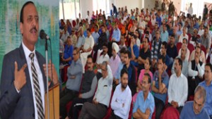 Minister for Rural Development Abdul Haq addressing a gathering in Jammu on Wednesday.
