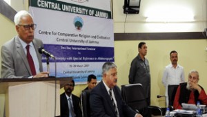 Governor N N Vohra addressing a gathering at Central University of Jammu on Thursday. 