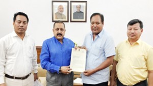 Union Minister Dr Jitendra Singh receiving a memorandum from a delegation of Bodoland Territorial Council (BTC) led by MP Biswajit Daimary at New Delhi on Monday.
