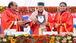 Himachal Pradesh CM Virbhadra Singh receiving a memento from Prof Neelu Rohmetra, Director IIM Sirmaur during convocation on Saturday. 